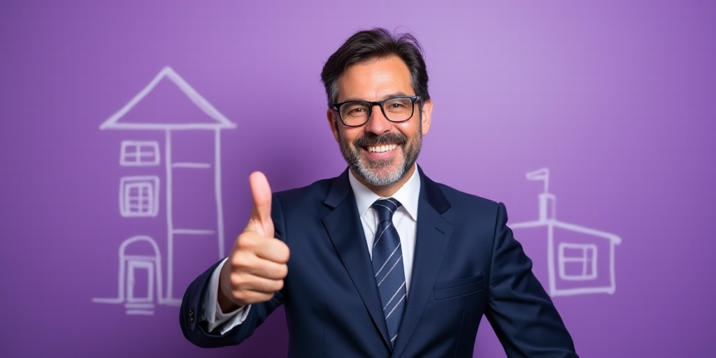 a man in a suit and tie giving a thumbs up sign in front of a purple background with a white house,