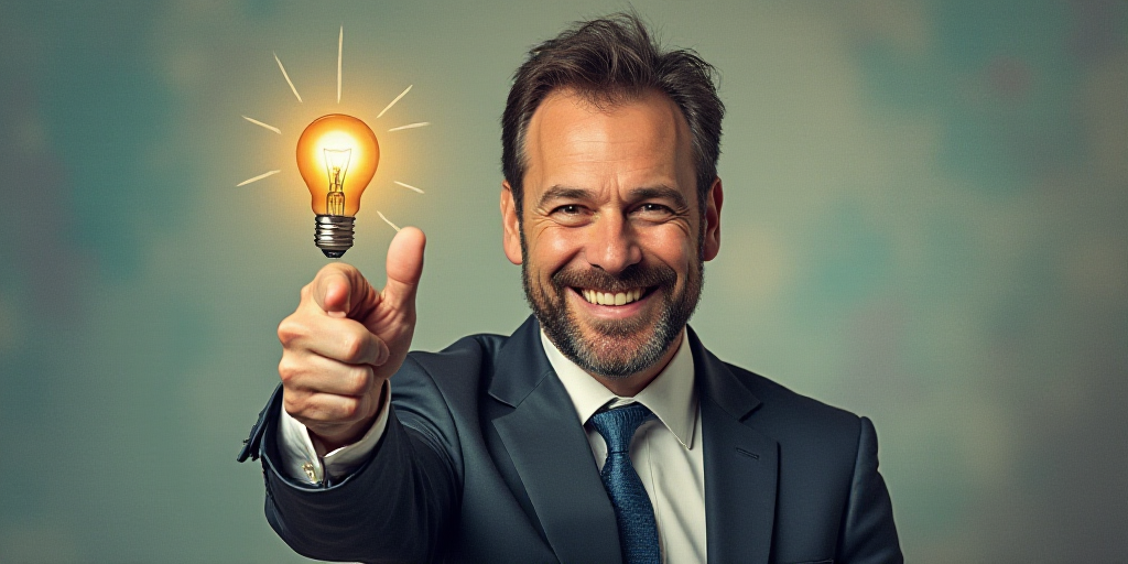 a man in a suit and tie giving a thumbs up sign with his hand and a light bulb in the background, Cl