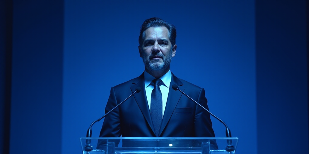 a man in a suit and tie giving a speech at a podium with a blue background and a blue backdrop, Fede