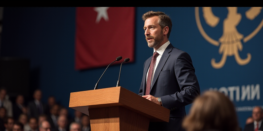 a man in a suit and tie giving a speech at a podium with a natto and otan sign behind him, Avgust Č