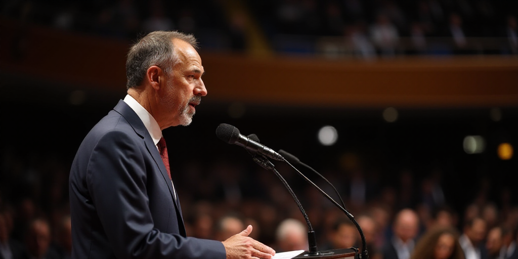 a man in a suit and tie giving a speech at a conference hall with a microphone in front of him, Clov