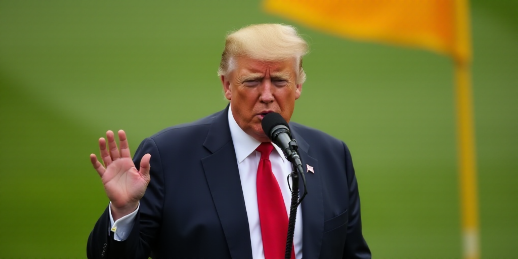 a man in a suit and tie holding a microphone in front of a green field with a yellow and red flag, D