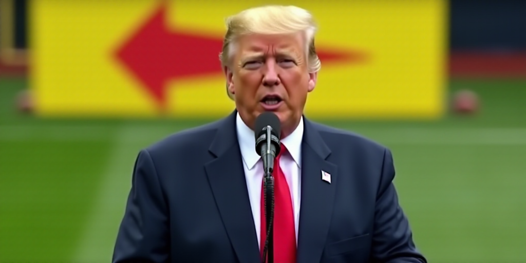 a man in a suit and tie holding a microphone in front of a green field with a yellow and red flag, D