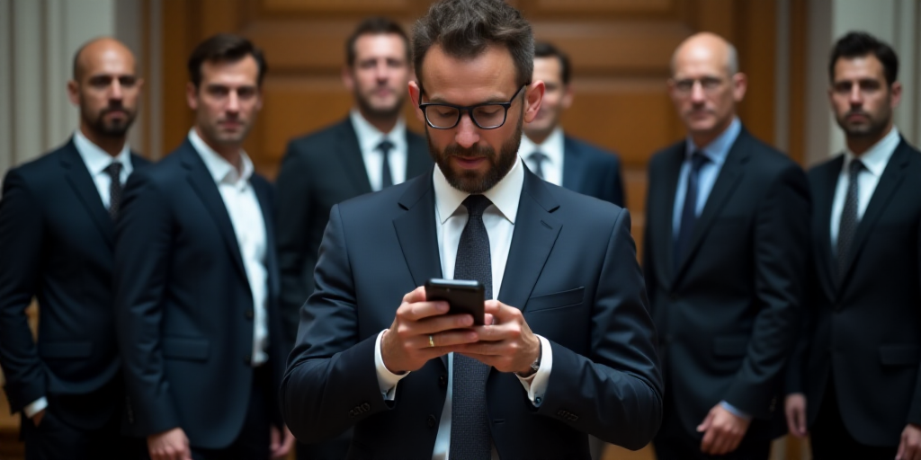 a man in a suit and tie holding a cell phone in front of a group of men in suits, Donald Roller Wils