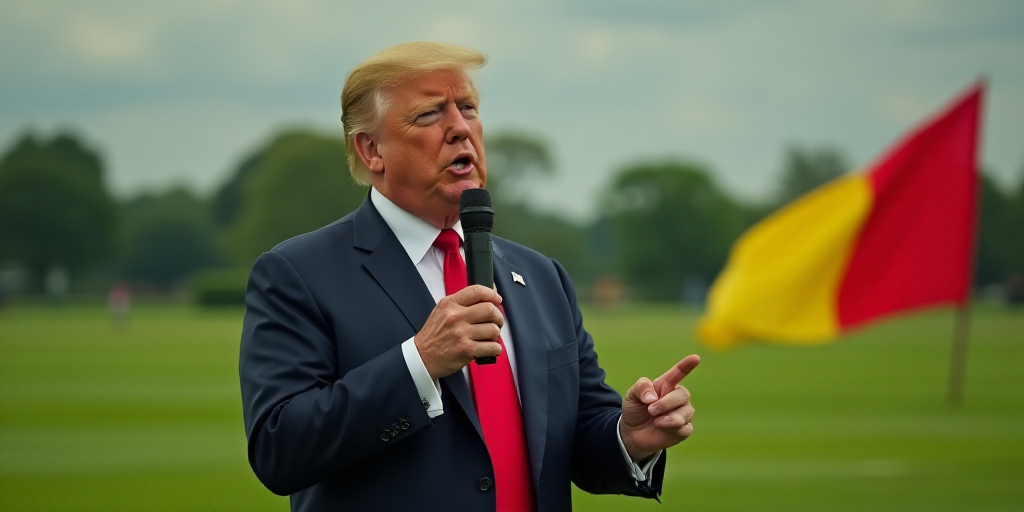a man in a suit and tie holding a microphone in front of a green field with a yellow and red flag, D