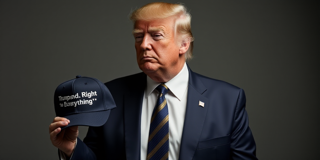 a man in a suit and tie holding a hat with the words trump right and everything on it in front of hi