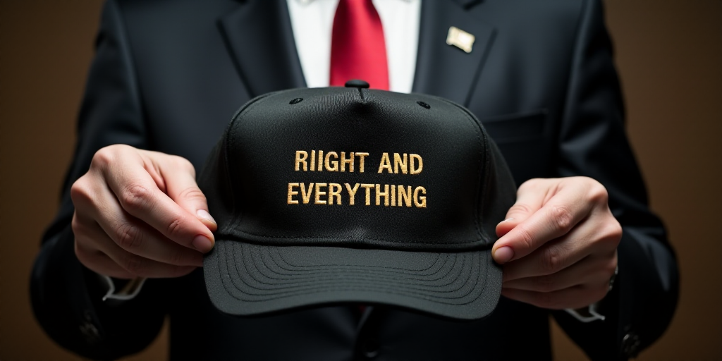 a man in a suit and tie holding a hat with the words trump right and everything on it in front of hi