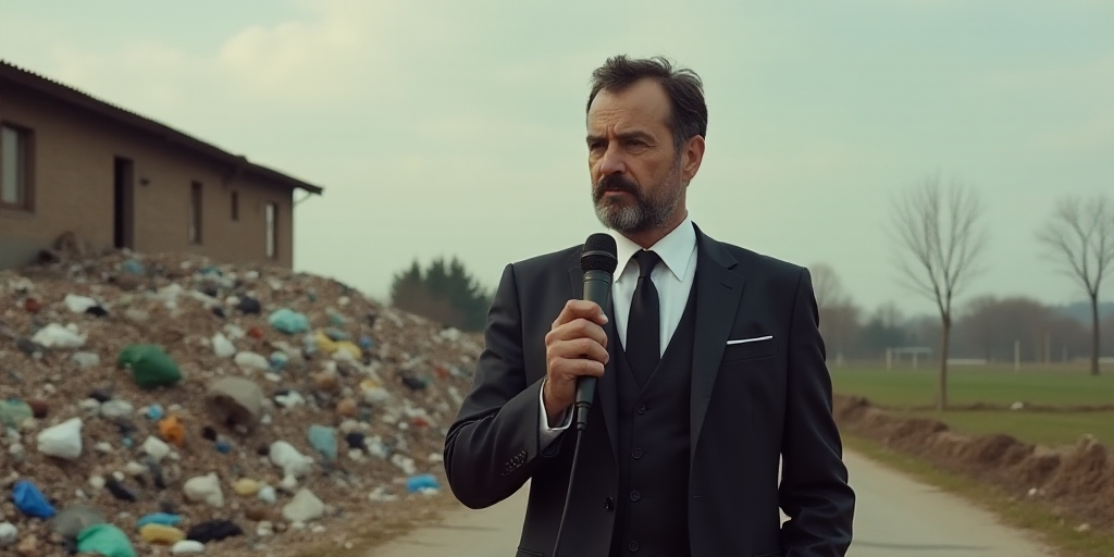 a man in a suit and tie holding a microphone in front of a pile of garbage and a building, Edward Be
