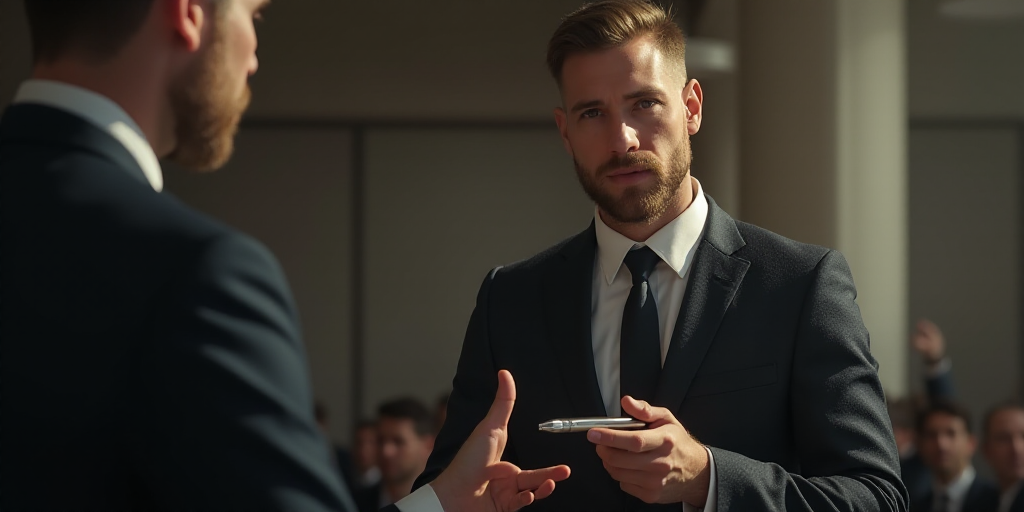 a man in a suit and tie holding a pen in his hand and another man in a suit and tie in the backgroun