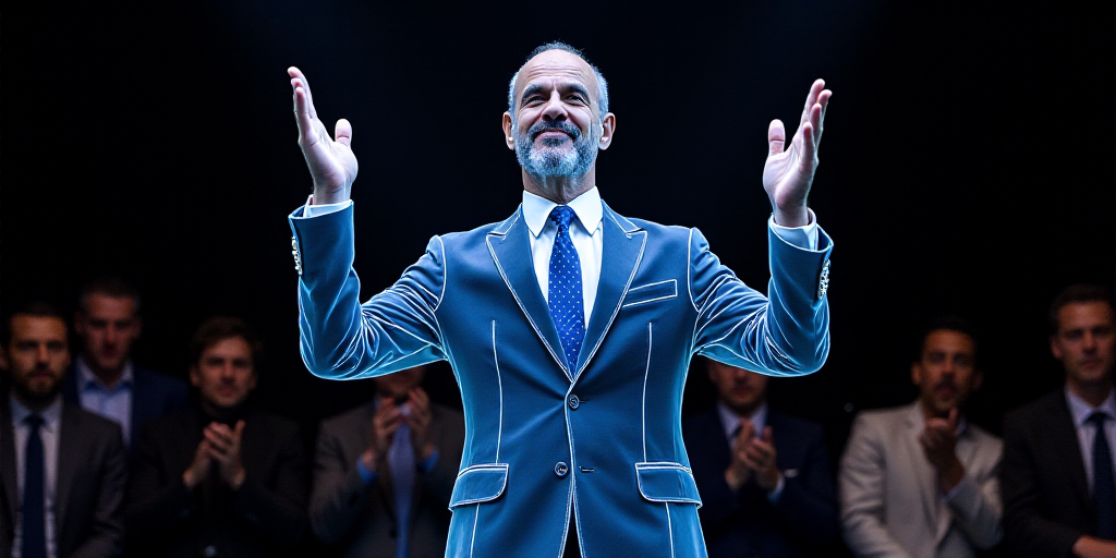 a man in a suit and tie is clapping with his hands up in the air while others look on, Carlos Catass