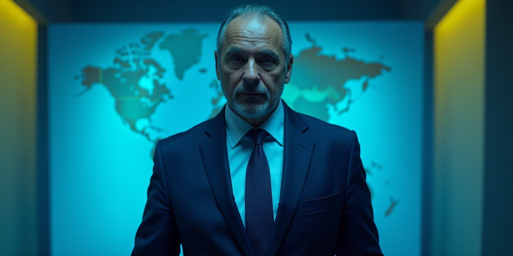 a man in a suit and tie is looking at the camera with a blue background and a yellow border, Bracha