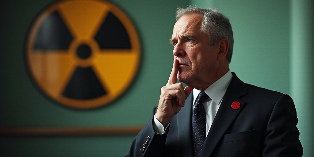 a man in a suit and tie is looking at something with a finger on his nose and a logo behind him, Art