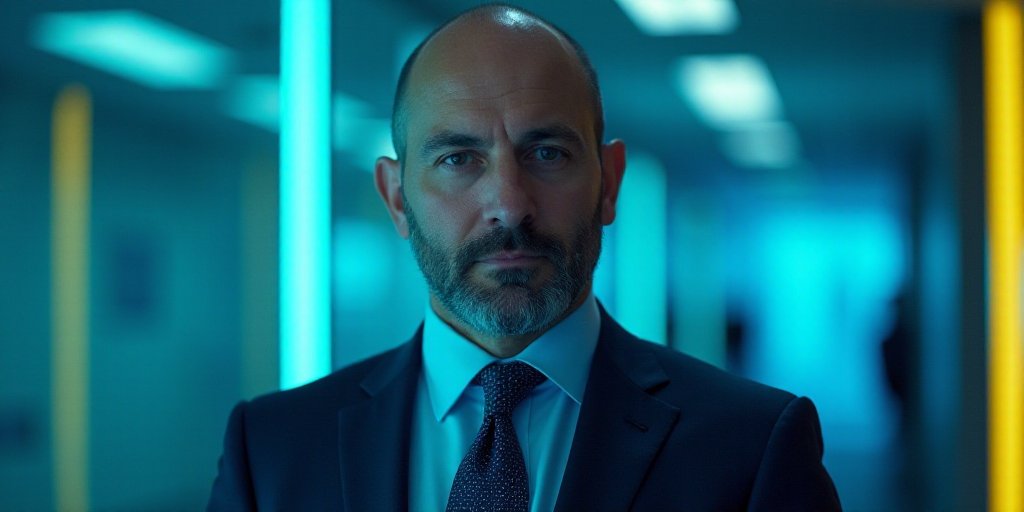 a man in a suit and tie is looking at the camera with a blue background and a yellow border, Bracha