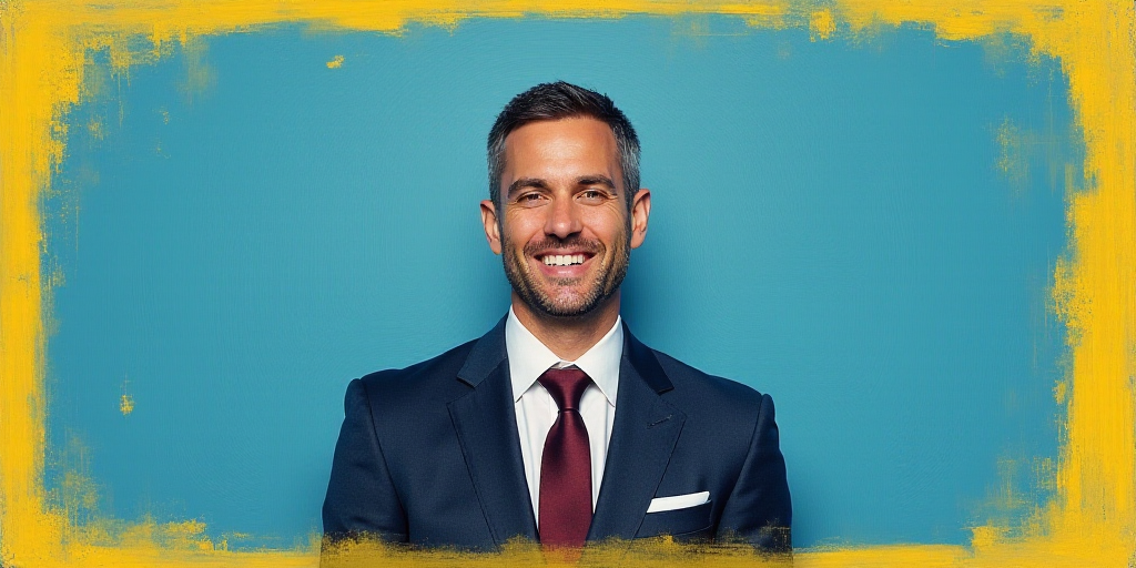 a man in a suit and tie is smiling for a picture with a blue background and a yellow border, Edward