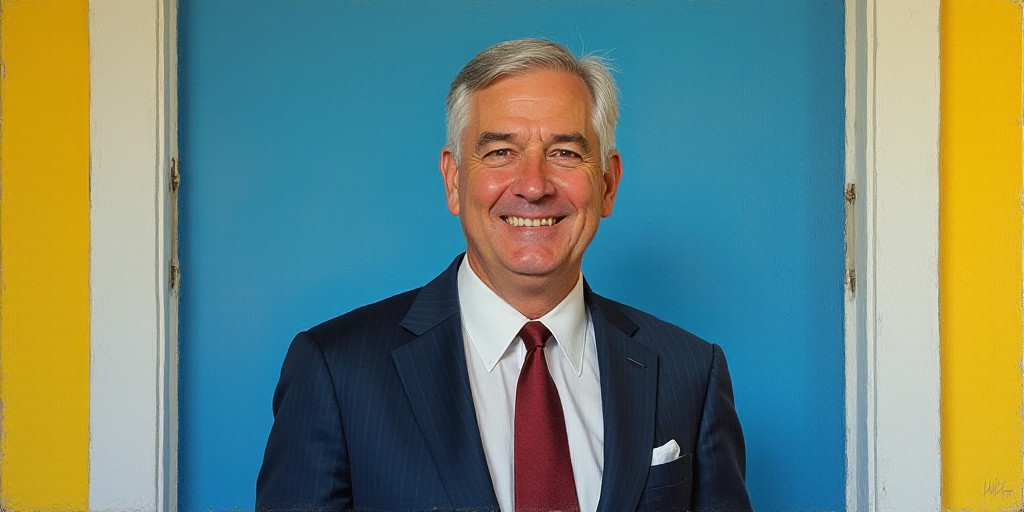 a man in a suit and tie is smiling for a picture with a blue background and a yellow border, Edward