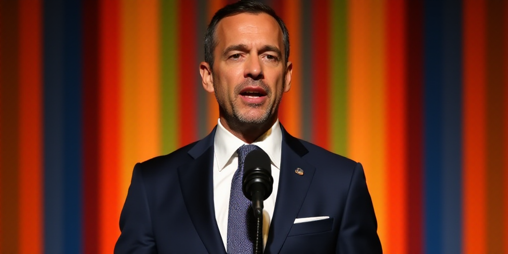 a man in a suit and tie is speaking into a microphone with a colorful background behind him and a co