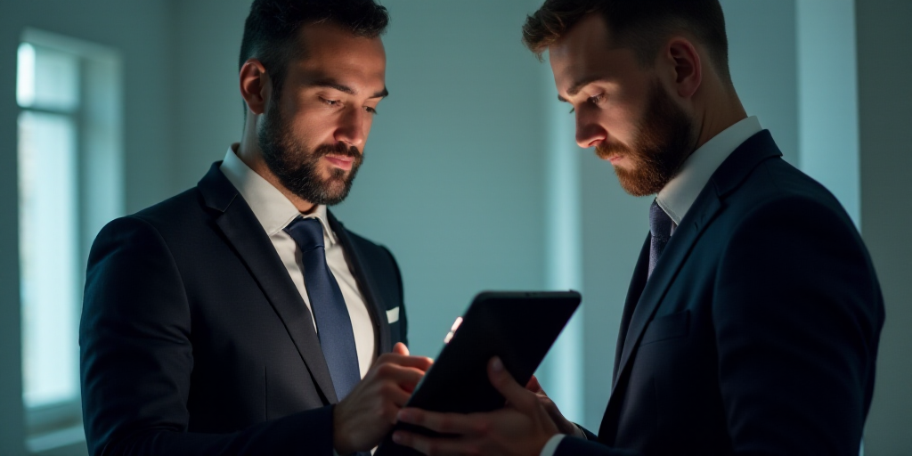 a man in a suit and tie looking at a tablet screen while another man in a suit looks at a tablet scr