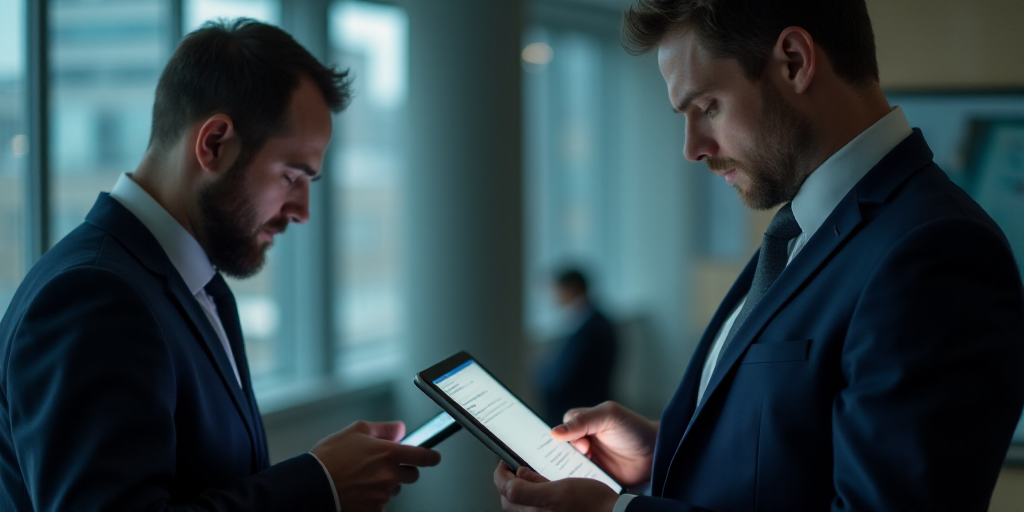 a man in a suit and tie looking at a tablet screen while another man in a suit looks at a tablet scr