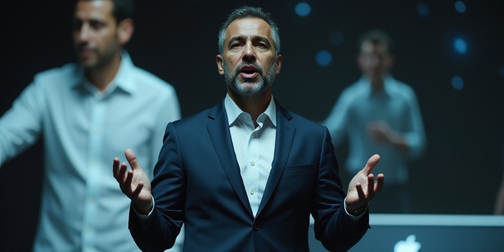 a man in a suit and tie making a speech with his hands out in front of him and a picture of a man in