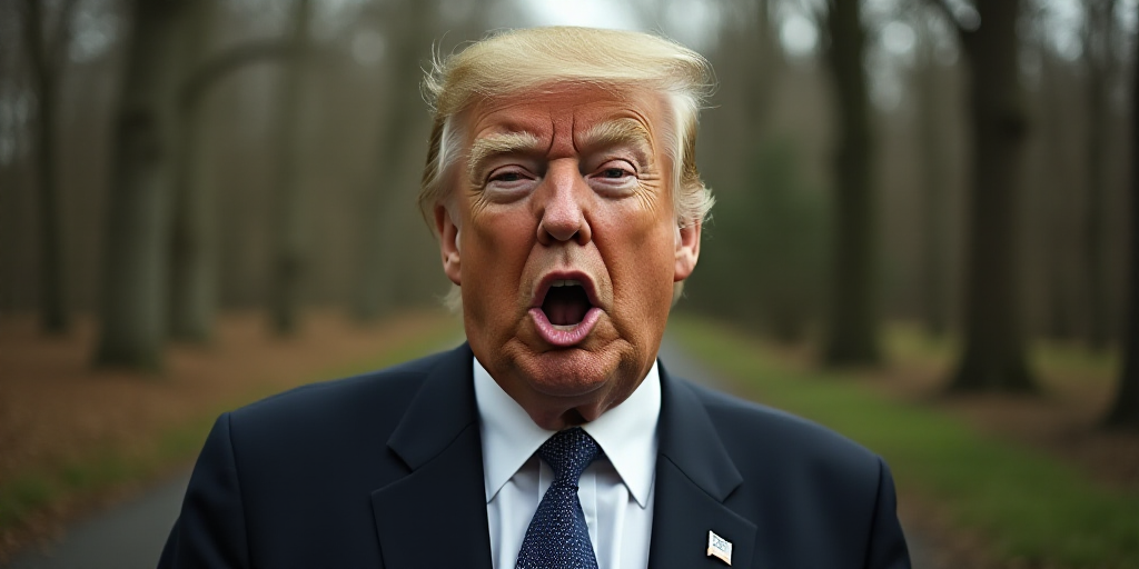 a man in a suit and tie making a face with his mouth open and trees in the background in the backgro