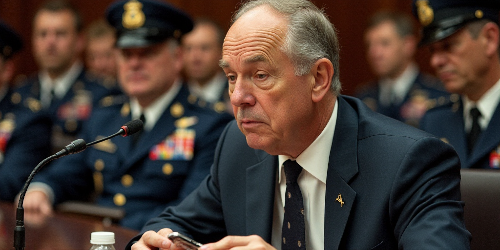 a man in a suit and tie sitting in front of a microphone with other men in uniform behind him, Erlun