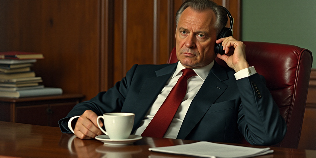 a man in a suit and tie sitting in a chair with a microphone in his ear and a cup of coffee in front