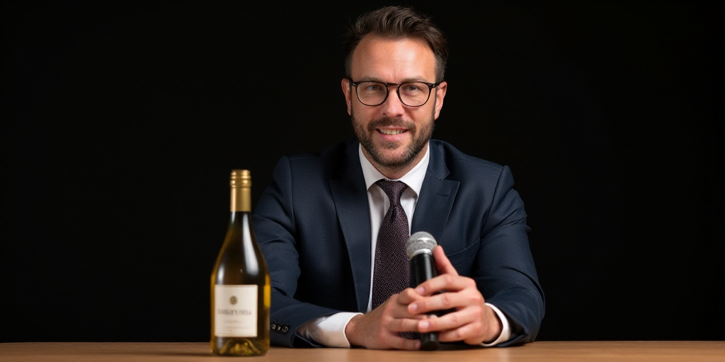a man in a suit and tie sitting at a table with a microphone in his hand and a bottle of wine in his