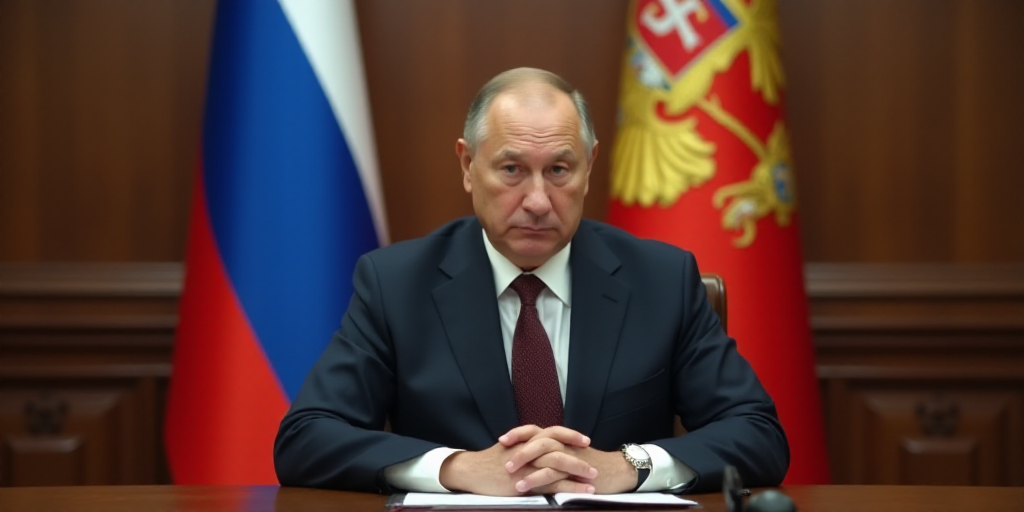 a man in a suit and tie sitting at a table with a microphone in front of him and a russian flag behi