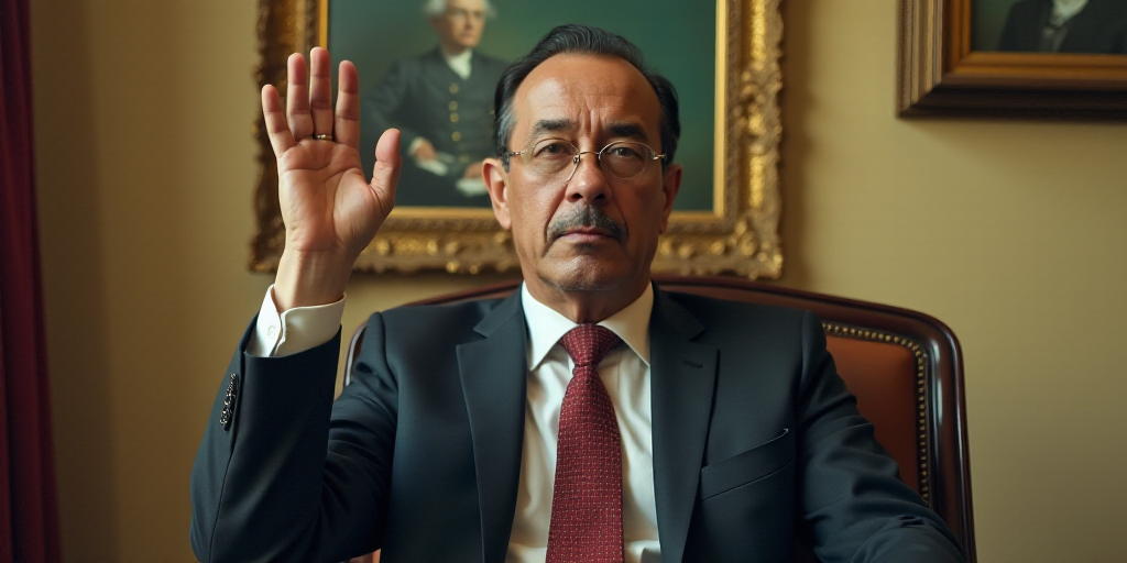 a man in a suit and tie sitting in a chair with his hand up in the air and a picture frame on the wa