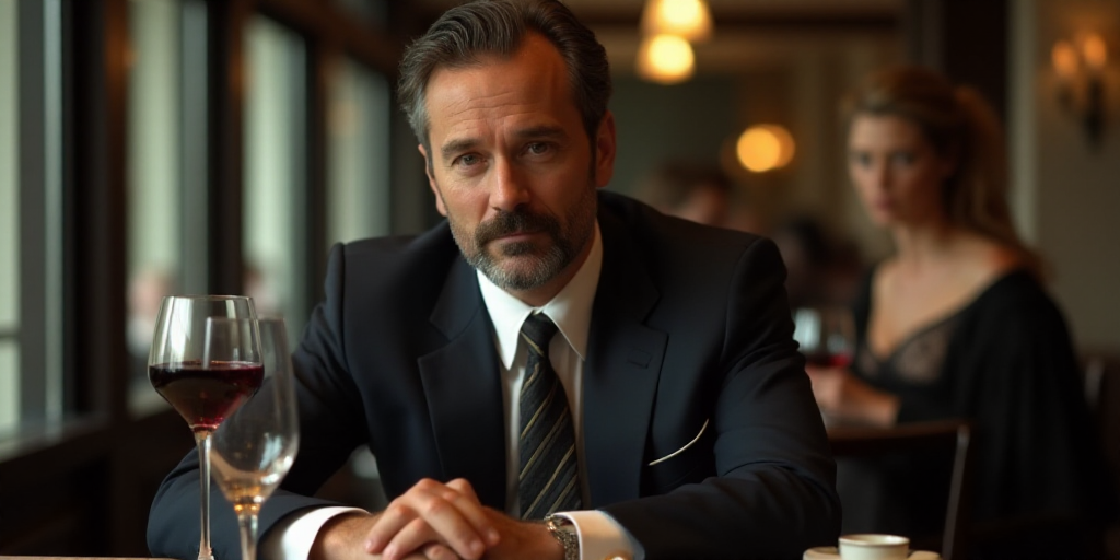 a man in a suit and tie sitting at a table with a glass of wine in his hand and a woman in the backg