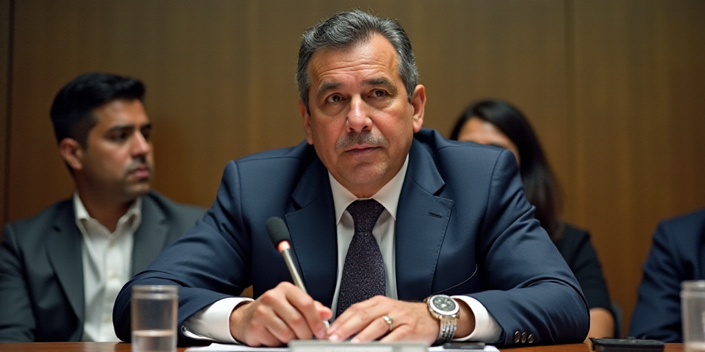 a man in a suit and tie sitting at a table with a microphone in front of him and two other people be