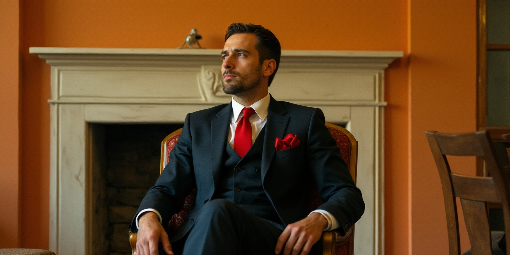 a man in a suit and tie sitting in a chair with a red tie on his lapel and a white fireplace in the