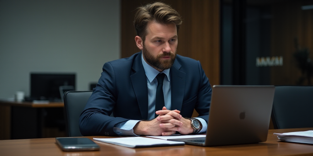 a man in a suit and tie sitting at a desk with a laptop and a phone in front of him, Andries Both, v