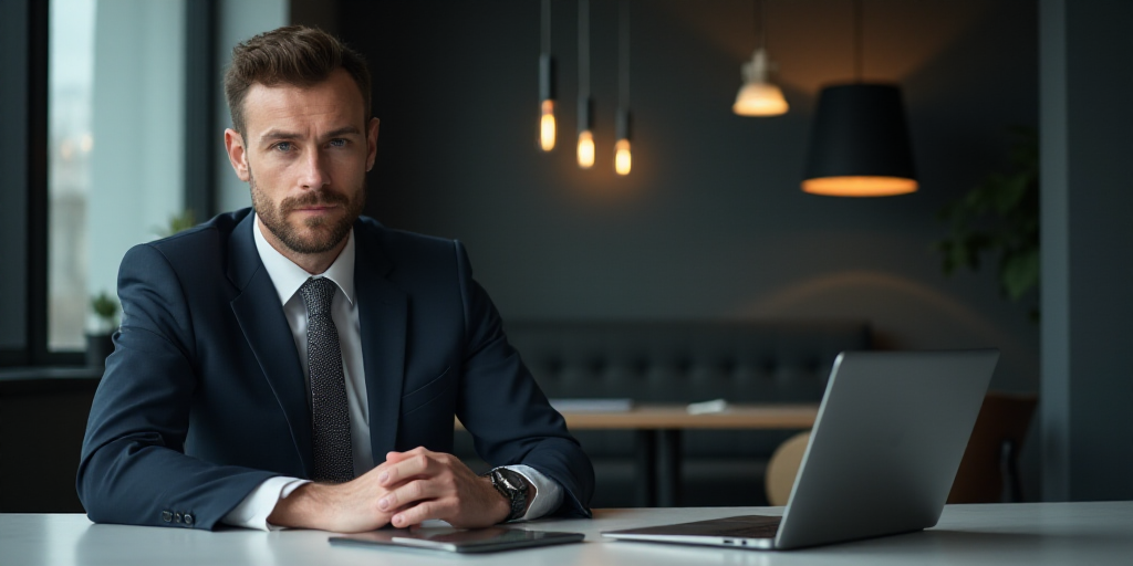a man in a suit and tie sitting at a desk with a laptop and a tablet computer in front of him, Andri