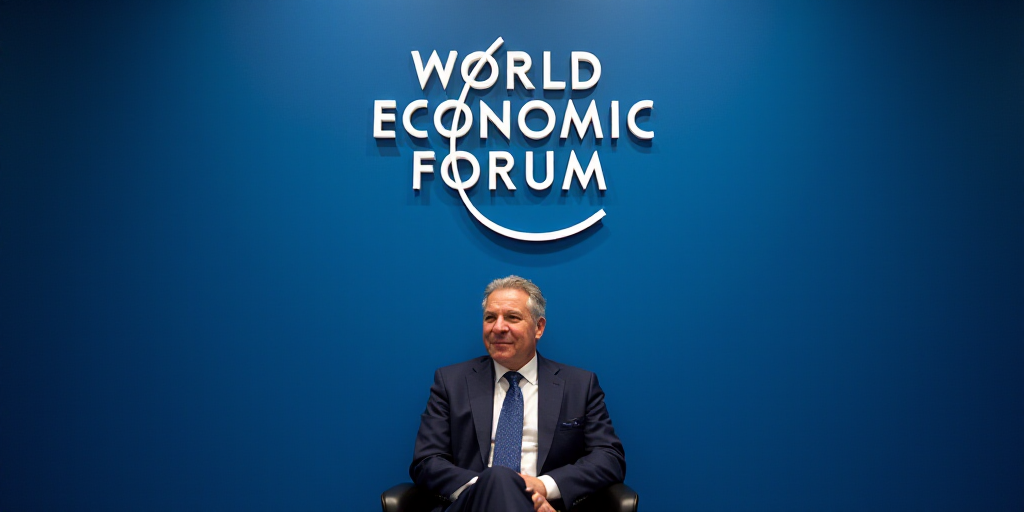 a man in a suit and tie sitting in front of a blue wall with a world economic forum logo, Eric de Ko
