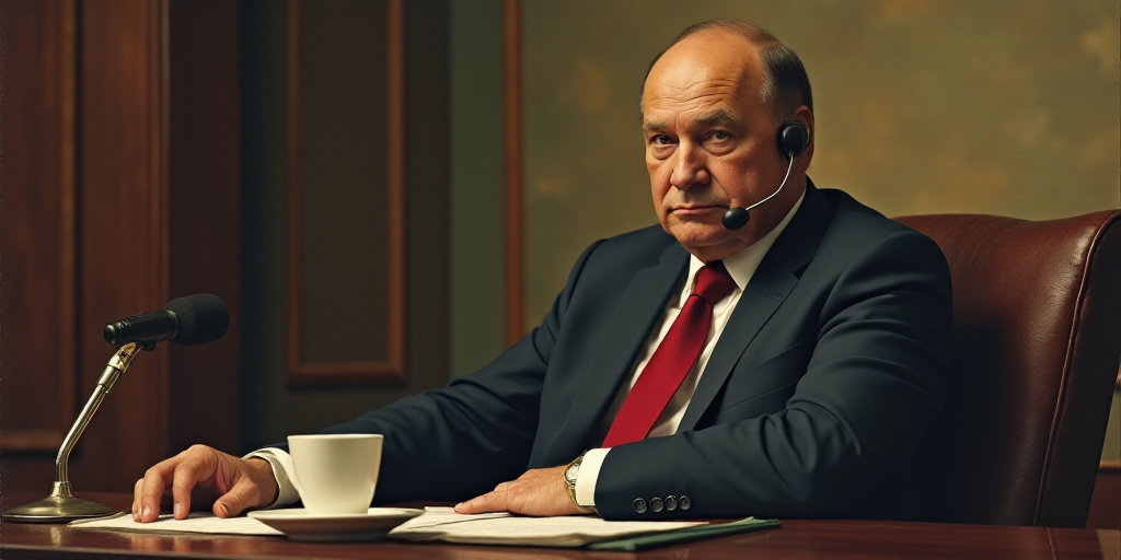 a man in a suit and tie sitting in a chair with a microphone in his ear and a cup of coffee in front