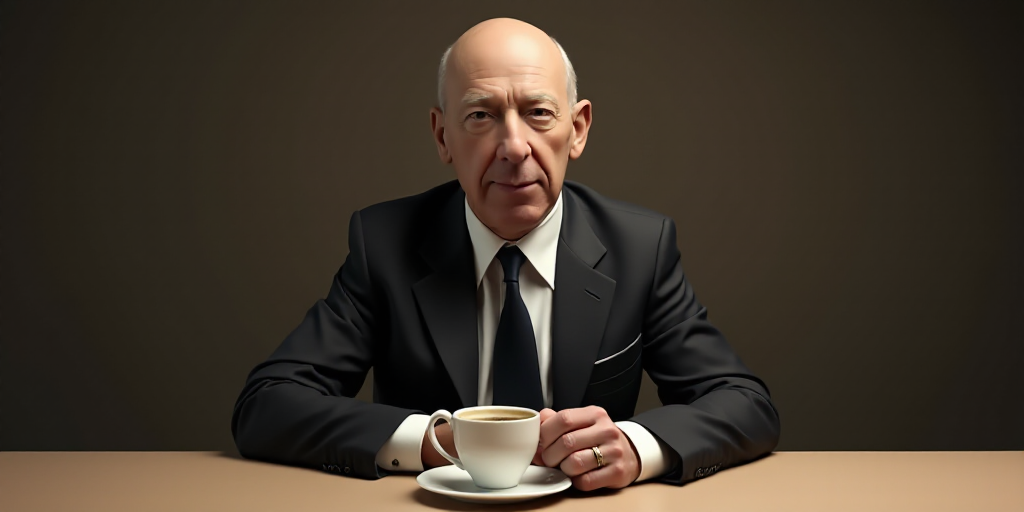 a man in a suit and tie sitting at a table with a cup of coffee in front of him, Don Eddy, full roun