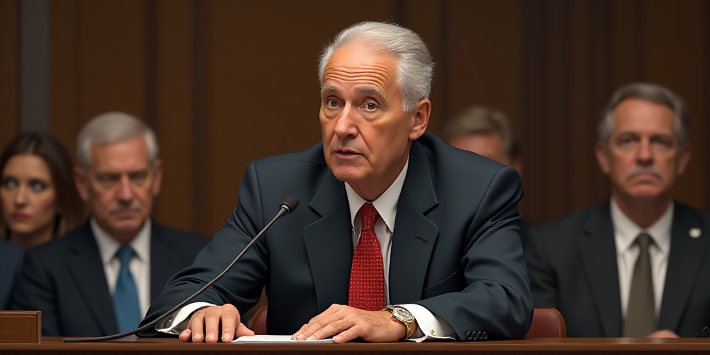 a man in a suit and tie sitting at a table with other people behind him and a microphone in front of