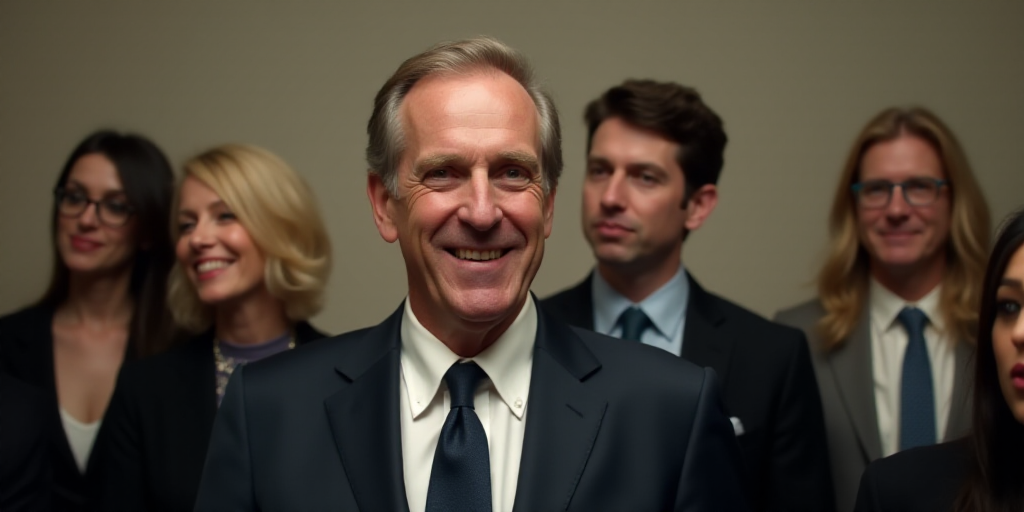 a man in a suit and tie smiling at the camera with other people in the background looking on and smi