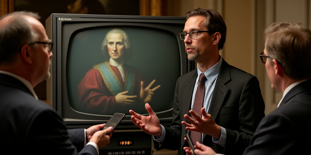 a man in a suit and tie speaking to reporters in front of a machine with a television screen on it,