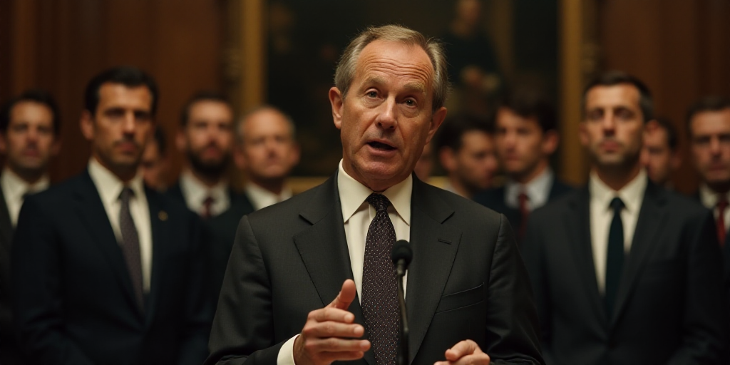 a man in a suit and tie speaking into a microphone with other men in suits behind him in a room, Don