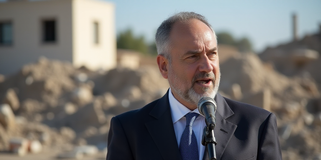 a man in a suit and tie speaking into a microphone with a pile of debris behind him and a building i