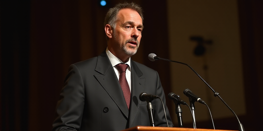 a man in a suit and tie speaking into a microphone at a podium with microphones behind him and a mic