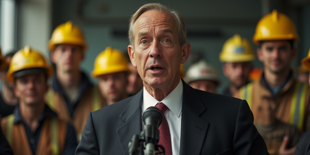 a man in a suit and tie speaking into a microphone with other men in the background wearing hard hat