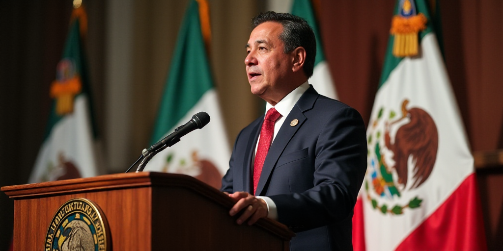 a man in a suit and tie speaking at a podium with flags behind him and a mexican flag behind him, Ed