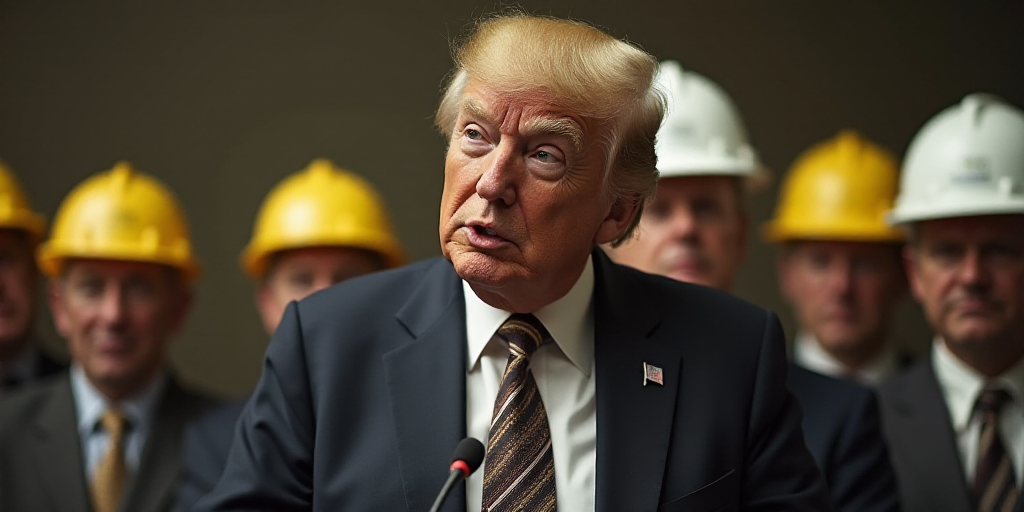 a man in a suit and tie speaking into a microphone with other men in the background wearing hard hat