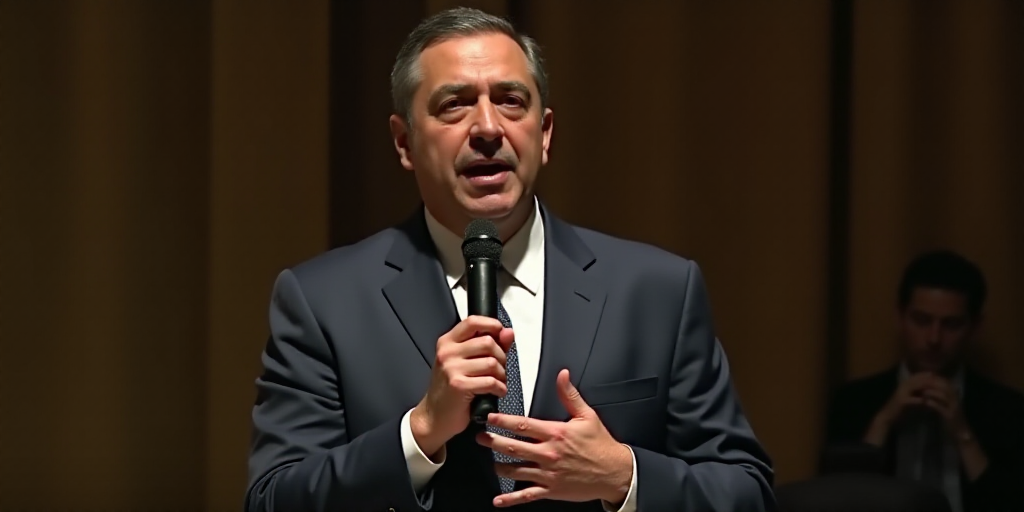 a man in a suit and tie speaking into a microphone with a microphone cord in his hand and a micropho