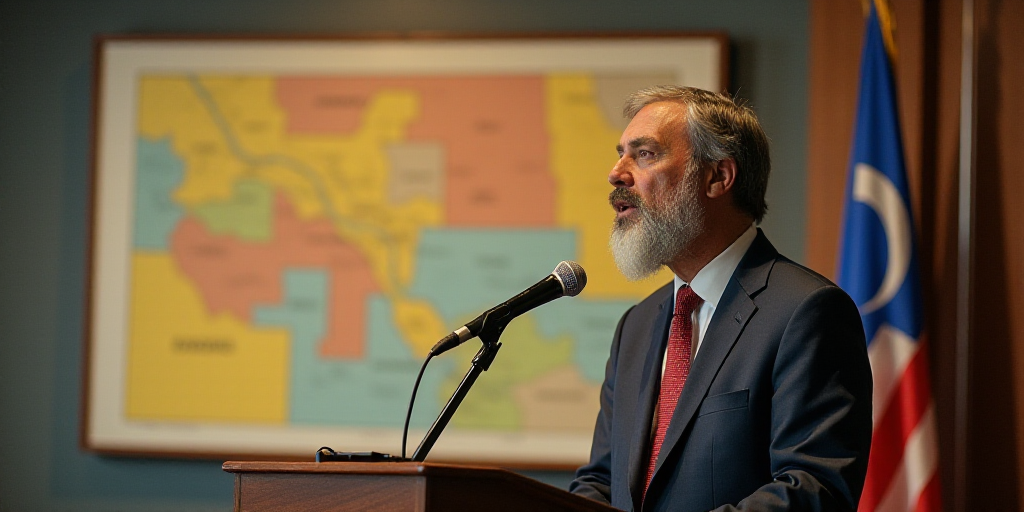 a man in a suit and tie speaking into a microphone in front of a map of the state of colorado, Edi R