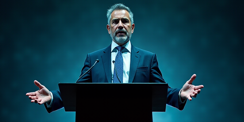 a man in a suit and tie speaking at a podium with his hands out to the side of the podium, Arturo Ri
