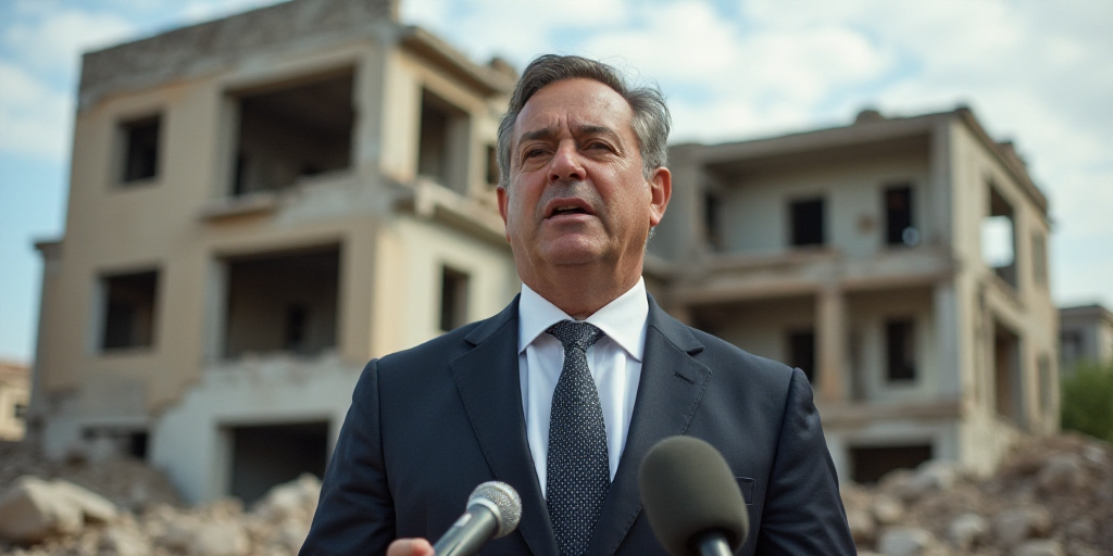 a man in a suit and tie speaking into microphones in front of a destroyed building with a broken roo